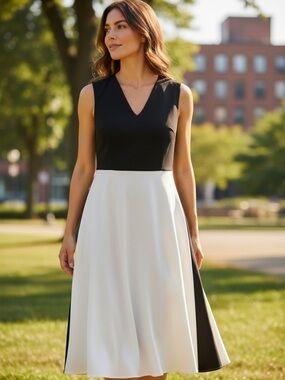 NWOT- Ann Taylor Black and White Sleeveless Midi A-Line Dress 8P